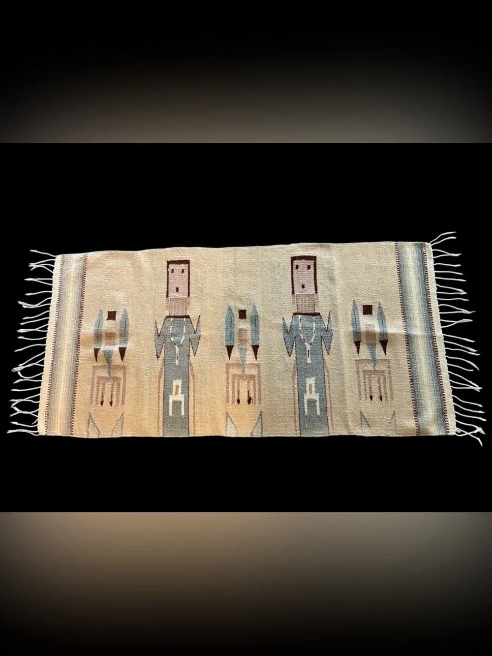 Southwestern Handwoven Runner with Navajo-style Figures in Cream and Light Blue